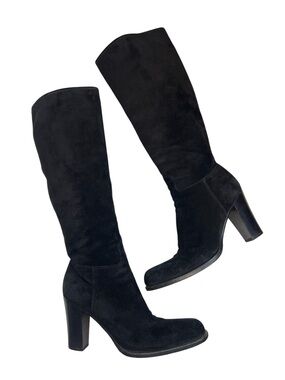 Prada Black Suede Knee-High Block Heel Boots Size 37